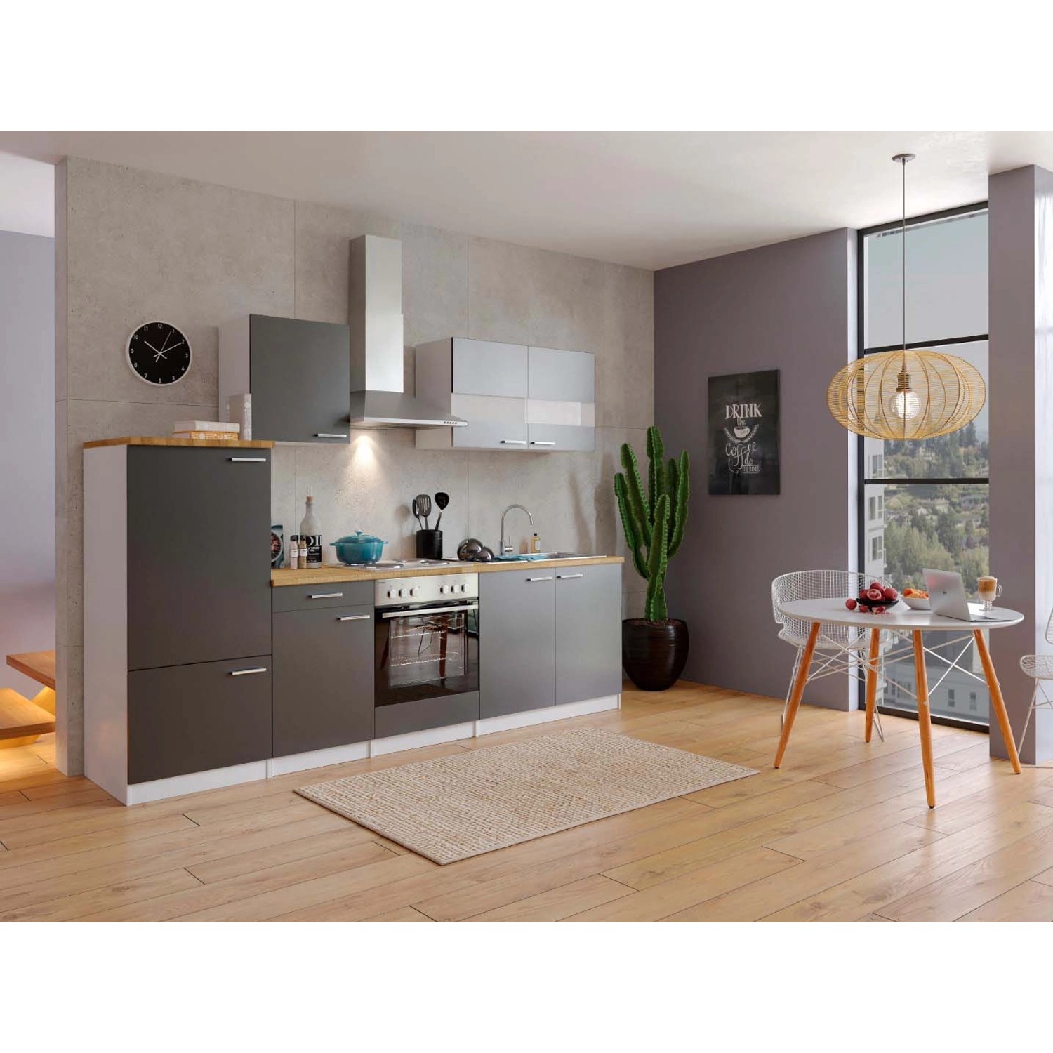 Respekta Küchenzeile/Küchenblock ohne E-Geräte 270 cm Grau-Weiß