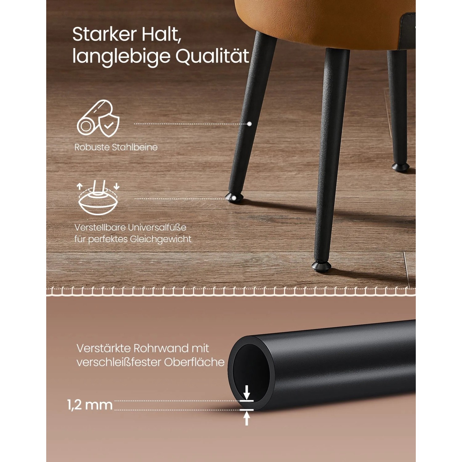 Detailaufnahme: Stahlbeine und verstellbare Füße des karamellbraunen Vasagle Sitzhockers.