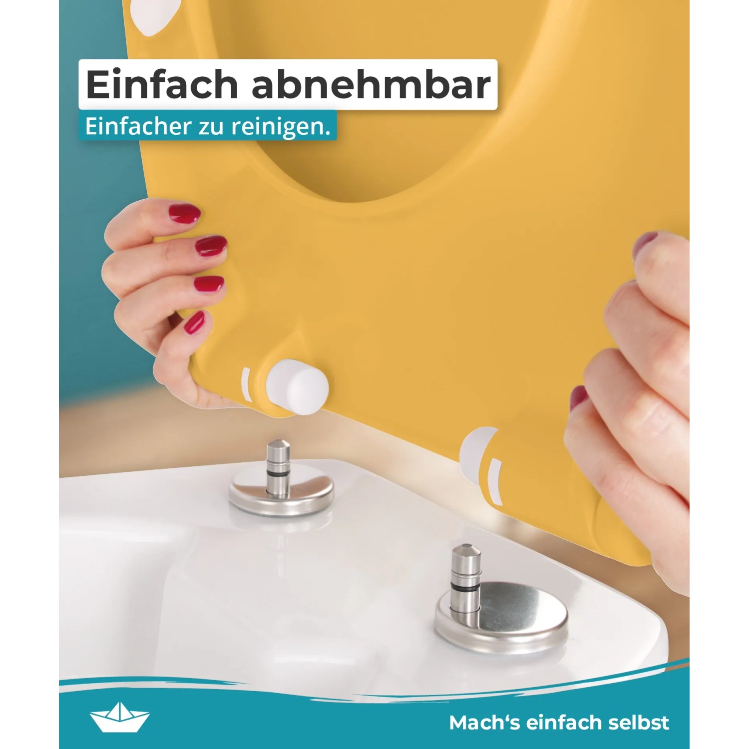 Calmwaters WC-Sitz Premium Curry-Gelb, abnehmbar für einfache Reinigung.