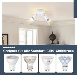 Weißer NETTLIFE Deckenstrahler mit 2 schwenkbaren Spots für GU10-Glühbirnen. Verschiedene GU10-Leuchtmittel abgebildet.