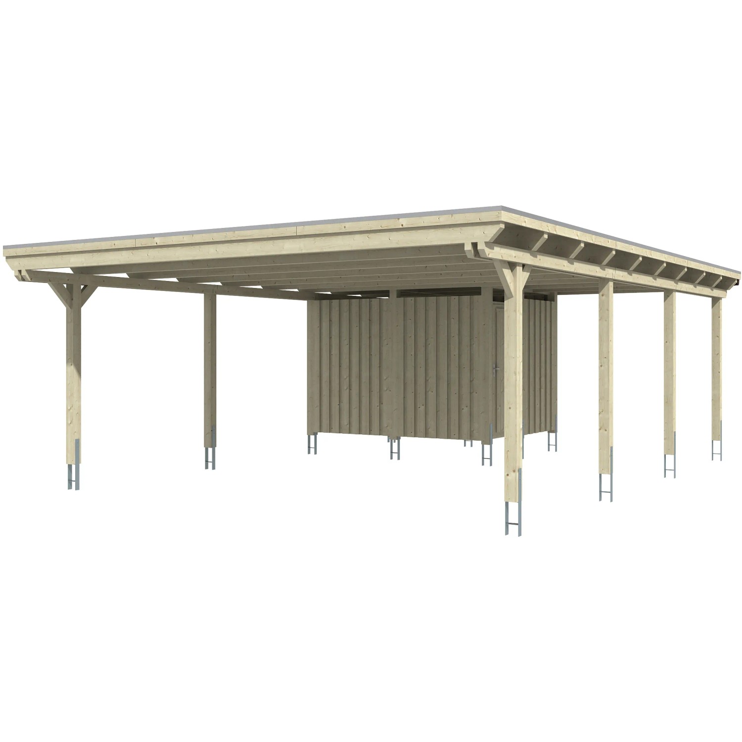 Skan Holz Carport Emsland mit Abstellraum, Eiche hell, Doppelcarport mit EPDM Dachbahn.