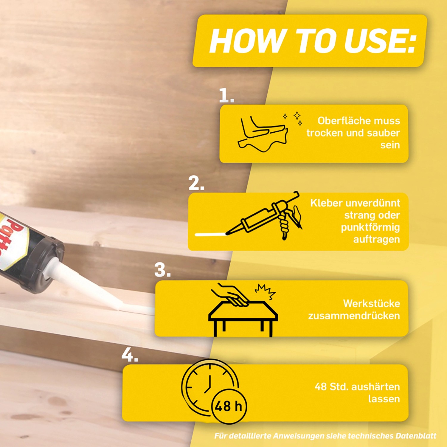Anleitung: Pattex Kleben statt Bohren Montagekleber Anwendung in 4 Schritten.