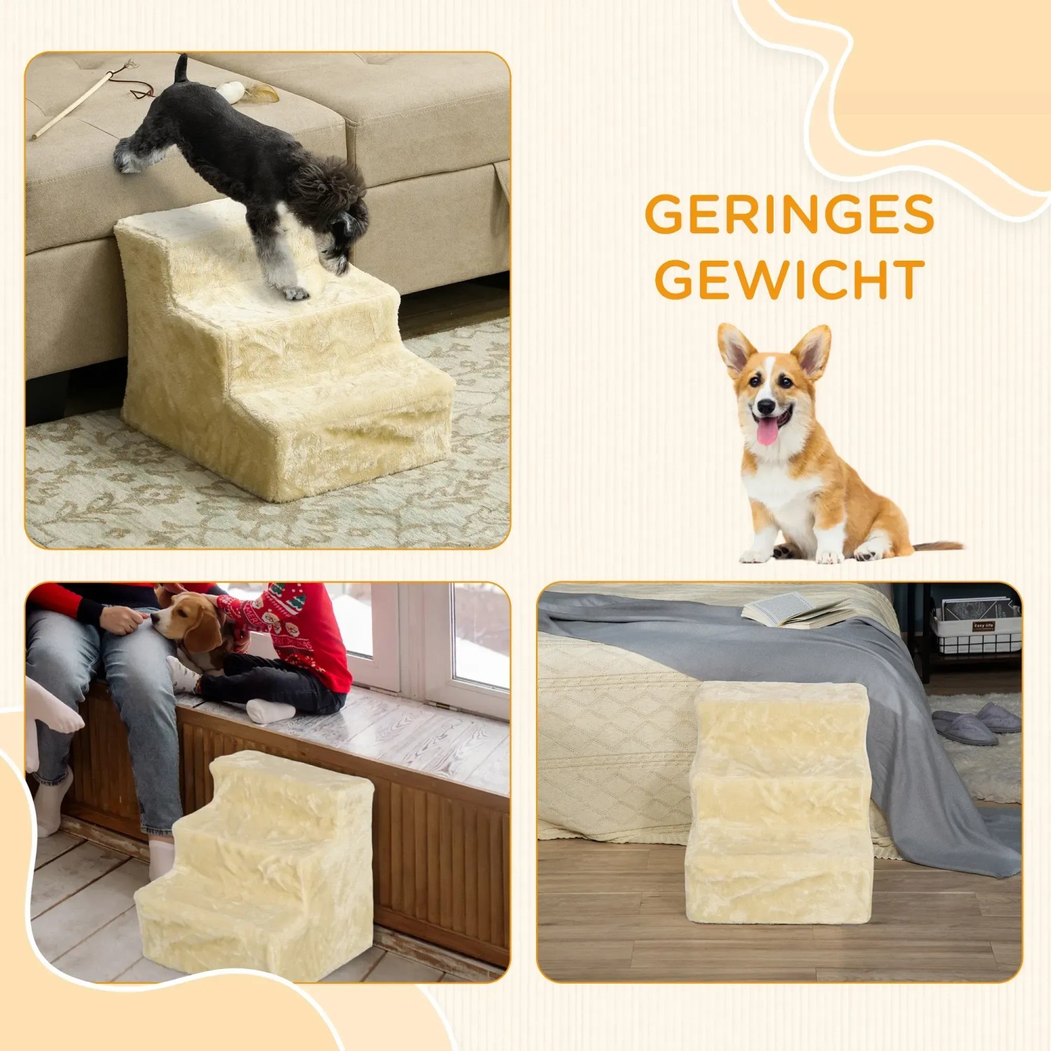 Beige PawHut Haustiertreppe aus Plüsch, ideal für kleine Hunde und Katzen als Aufstiegshilfe.
