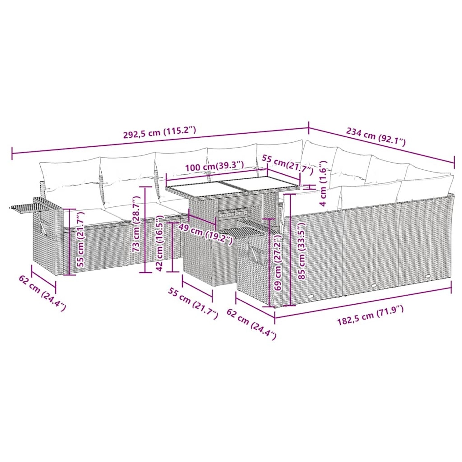 Graue 11-tlg. vidaXL Garten-Sofagarnitur aus Polyrattan mit Tisch und Kissen.