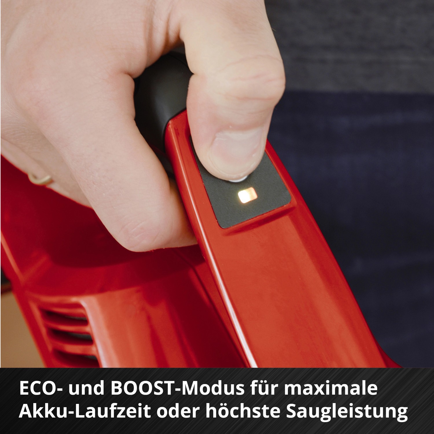 Detailaufnahme des Einhell Akku-Staubsaugers TE-SV 18 Li-Solo mit Eco- und Boost-Modus.