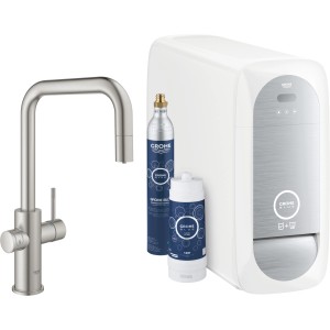 Grohe Blue Home Starter Kit mit Armatur, Kühler, Filter und CO2-Flasche in Supersteel.