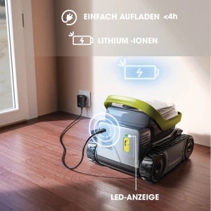 Zodiac Akku-Poolroboter Pixel beim Aufladen. Kabelloser Poolreiniger mit LED-Anzeige.