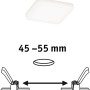 Paulmann LED-Einbaupanel Veluna, eckig, 75x75mm, 4,5W, 4000K, Satin, mit Montagehinweis für variable Einbaugröße.