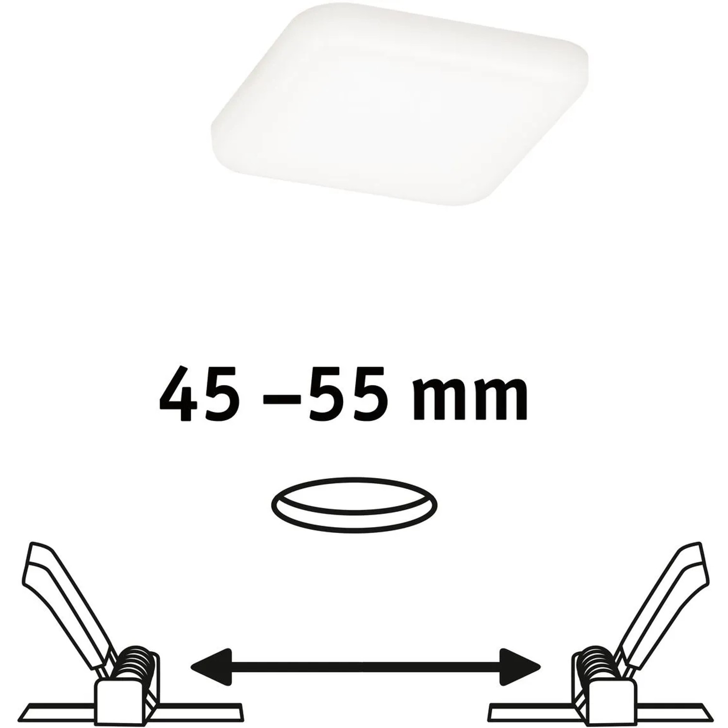 Paulmann LED-Einbaupanel Veluna, eckig, 75x75mm, 4,5W, 4000K, Satin, mit Montagehinweis für variable Einbaugröße.