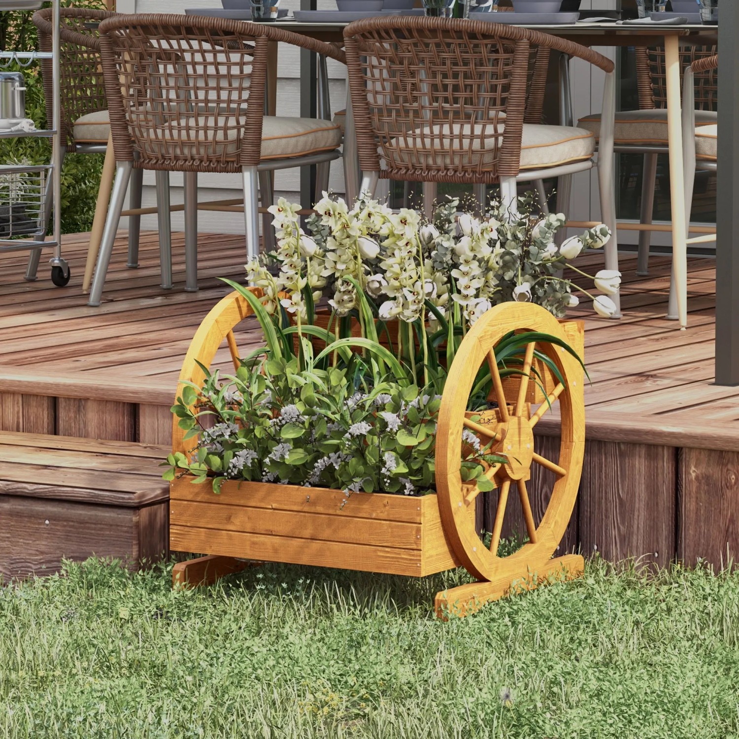 Outsunny Hochbeet aus Tannenholz im Wagen-Design, bepflanzt mit Blumen und Pflanzen.