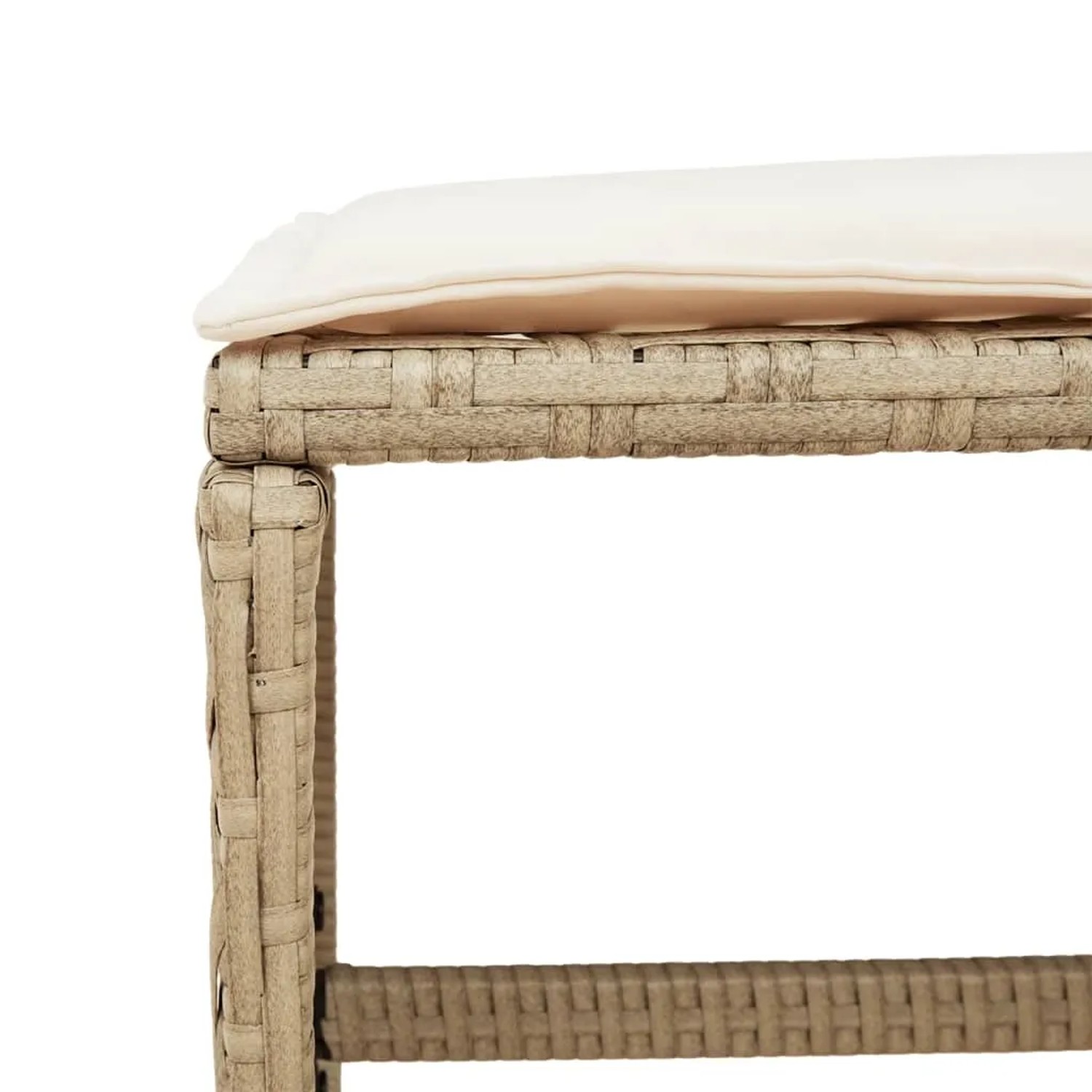 Detailansicht: Beige Poly Rattan Hocker mit cremeweißem Kissen, Teil der vidaXL Garten-Essgruppe.