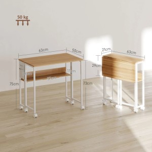 HOMCOM Klappbarer Schreibtisch in Natur, offen und zusammengeklappt, mit Regal und Rollen.