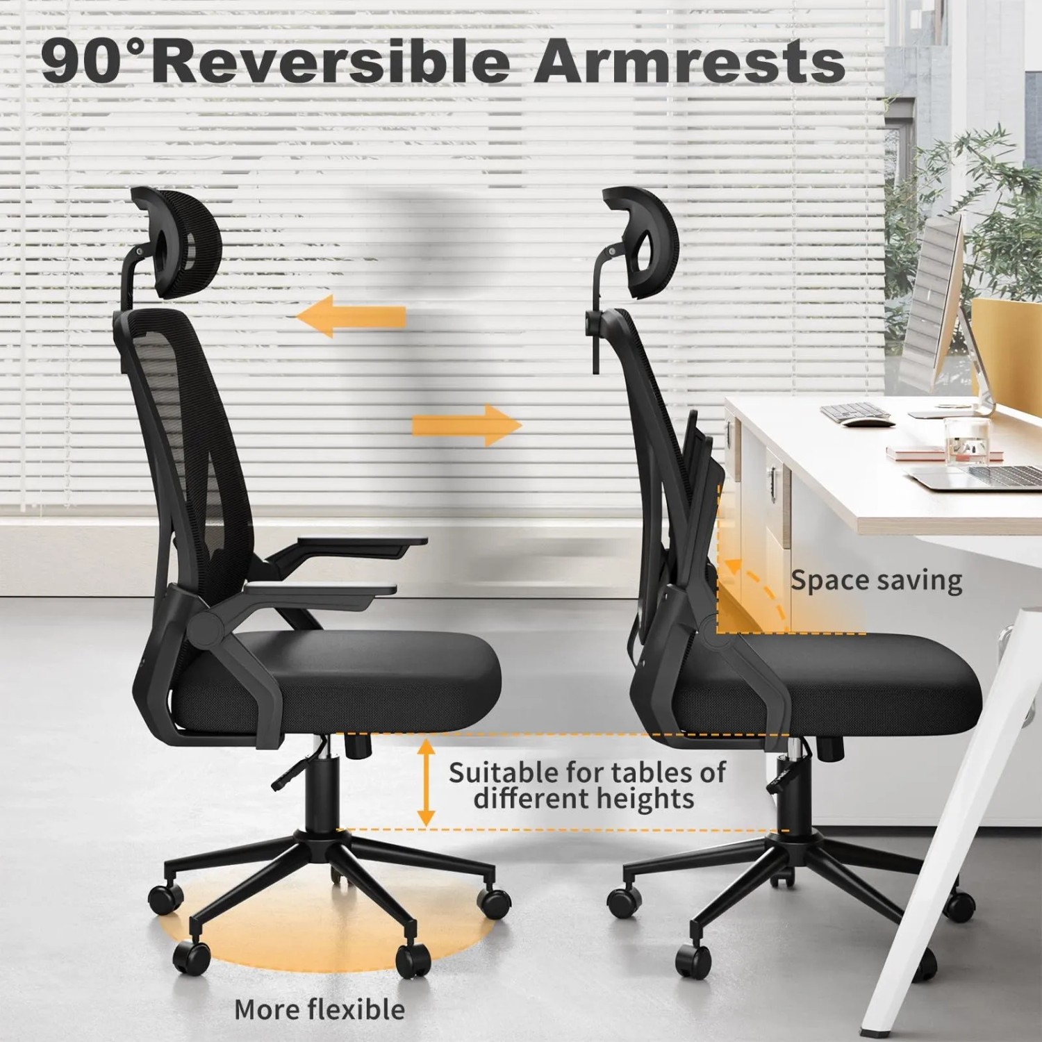Schwarzer ergonomischer Bürostuhl mit hoher Netzrückenlehne, verstellbarer Kopfstütze und hochklappbaren Armlehnen.