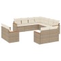 Beige 11-tlg. Garten-Sofagarnitur aus Poly Rattan mit cremeweißen Kissen.