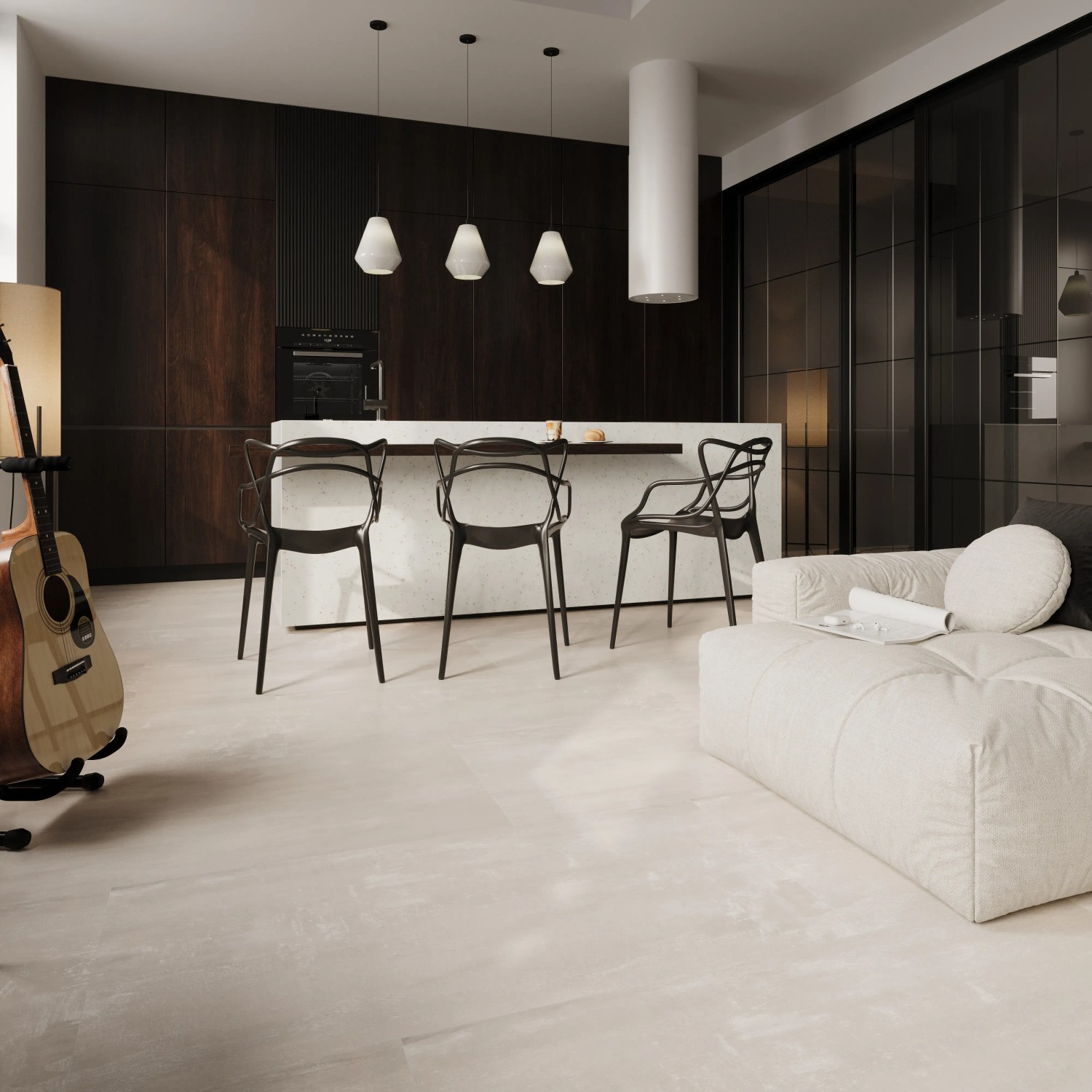 Heller Raum mit Bodenfliese Denver Feinsteinzeug in Weiß, glasiert und matt. Moderne Betonoptik.