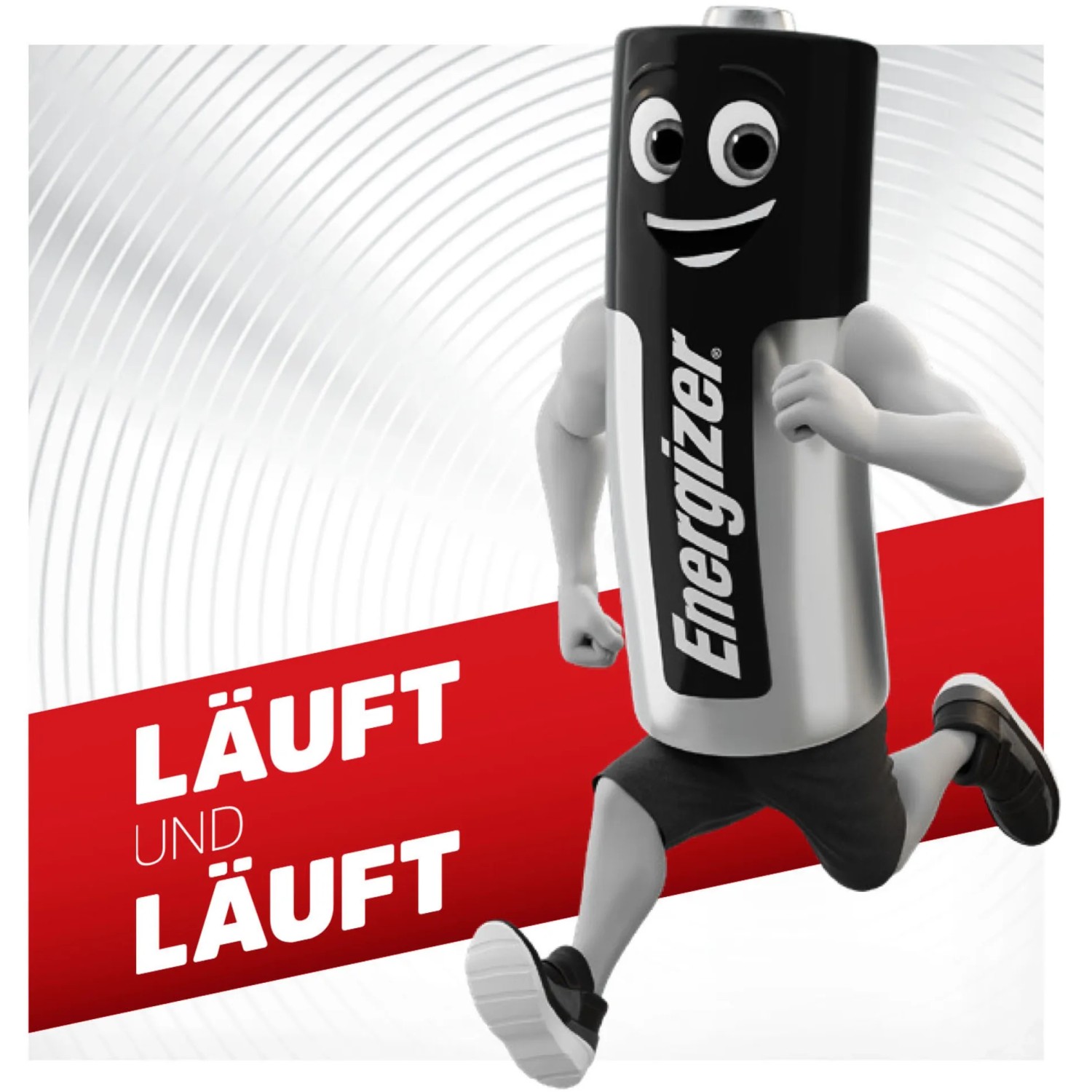 Energizer Knopfzelle CR2430 als Comicfigur beim Laufen, symbolisch für lange Laufzeit.