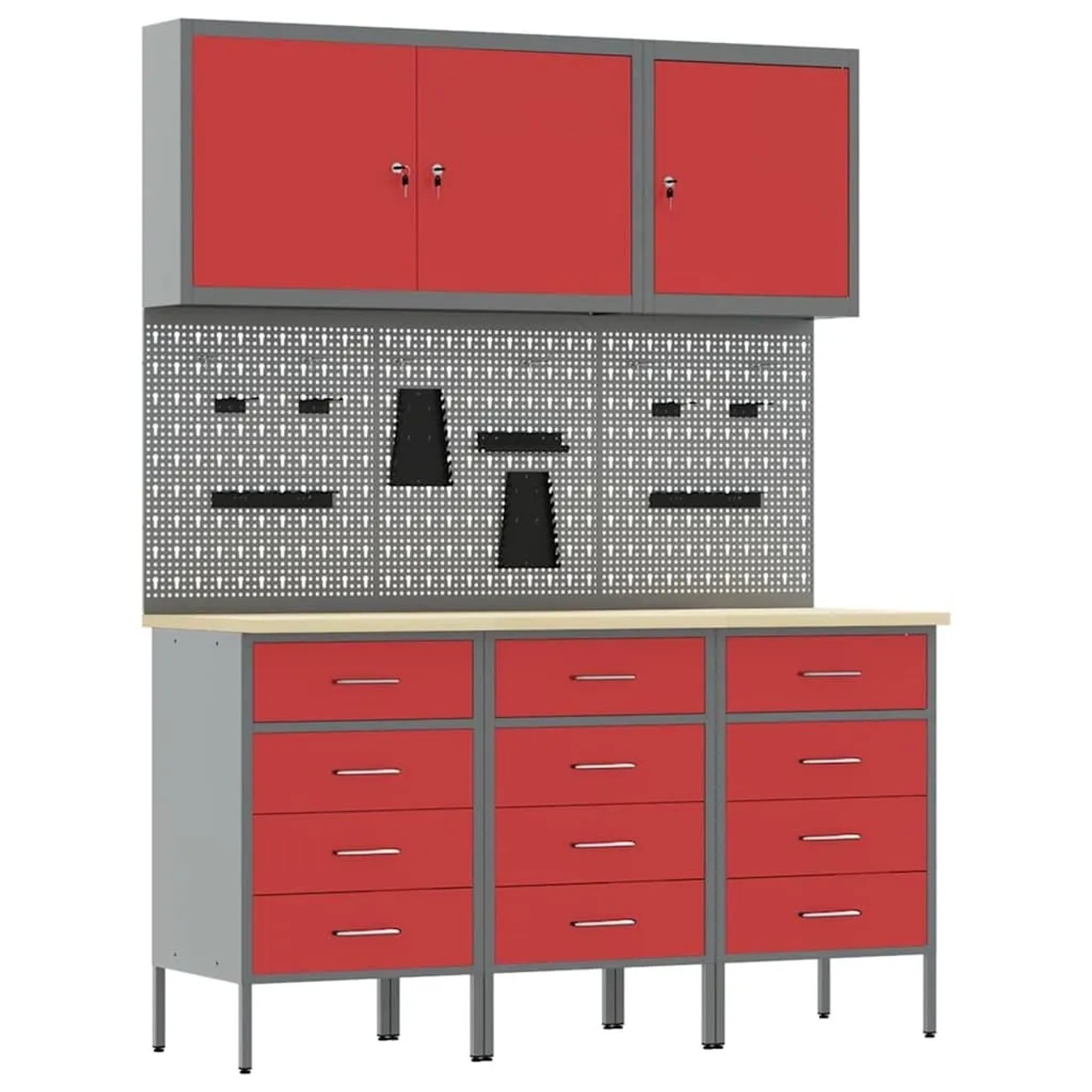 vidaXL Werkbank mit Schubladen 8-Tlg Rot Ingenieure Holz und Stahl 3321435