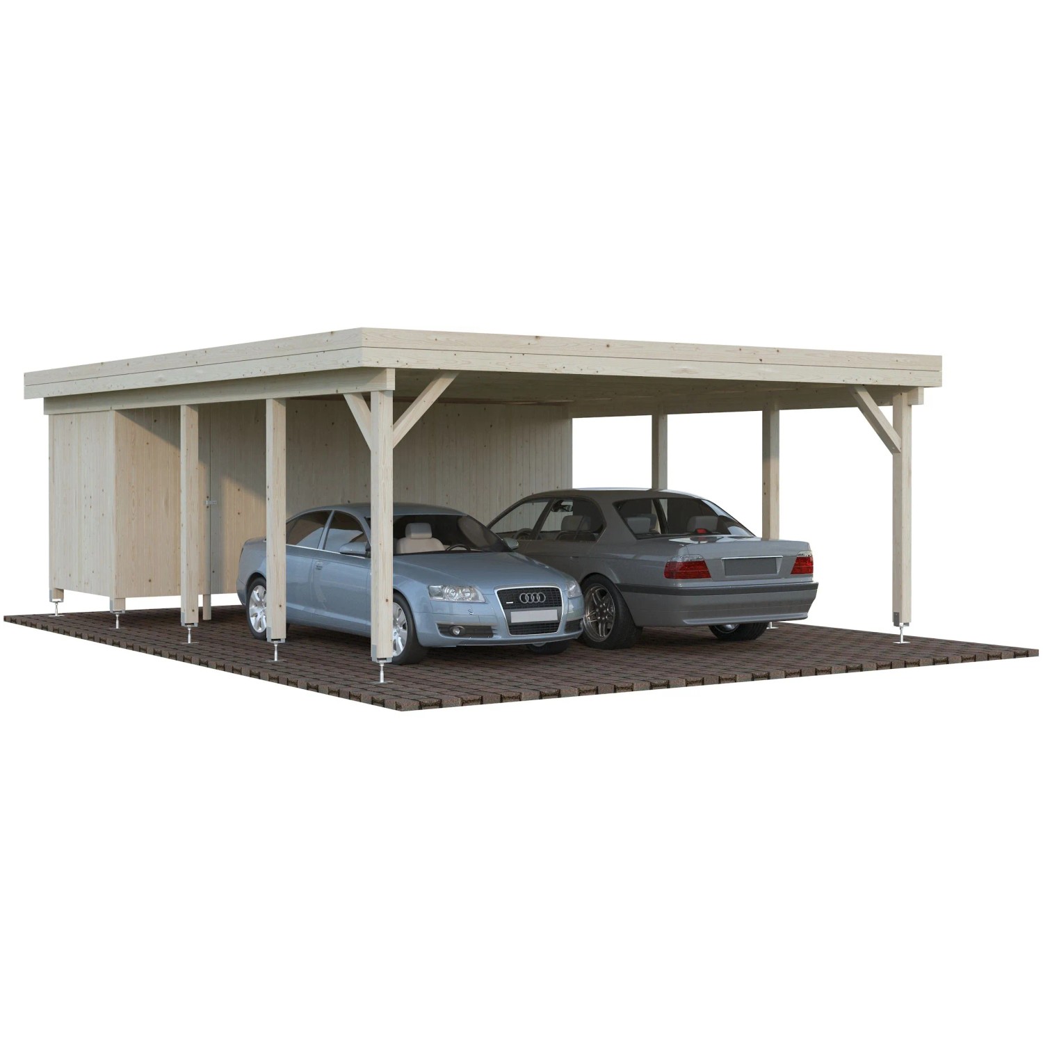 Palmako Carport Karl mit Geräteraum, naturbelassen, für zwei PKWs. Holzcarport mit Flachdach.