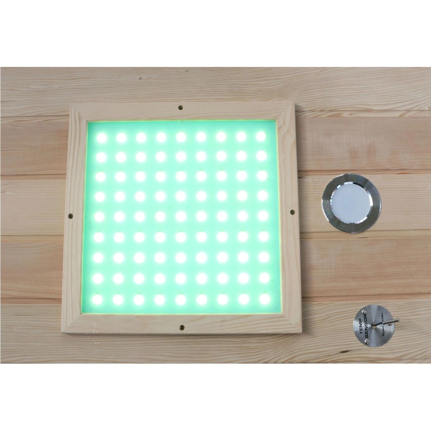 Detailaufnahme LED-Farblichttherapie in Dewello Infrarotkabine aus Hemlockholz.