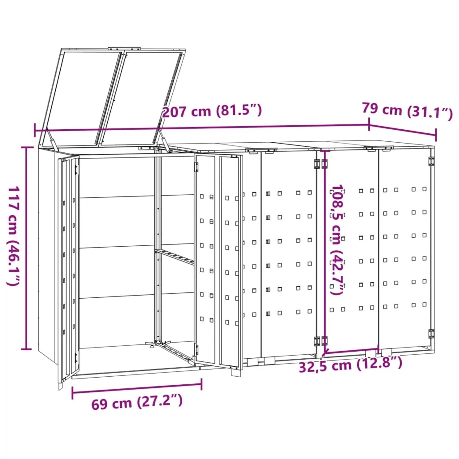 vidaXL Mülltonnenbox für 3 Tonnen, anthrazitfarben, aus Stahl, mit geöffneter Tür und Größenangaben.