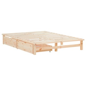 Palettenbett 140x200 cm aus hellem Kiefernholz mit Lattenrost und 2 Bettkästen für Stauraum im Schlafzimmer.