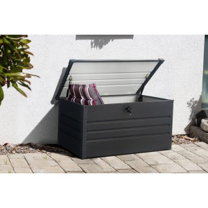 Geöffnete Floraworld Aufbewahrungsbox, 400 Liter, anthrazit, mit Kissen. Universalbox abschließbar.