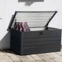 Geöffnete Floraworld Aufbewahrungsbox, 400 Liter, anthrazit, mit Kissen. Universalbox abschließbar.