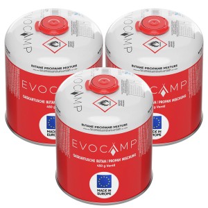 3er-Set Evocamp Gaskartuschen, 450g Propan/Butan Schraubkartusche mit Sicherheitsverschluss für Campingkocher.