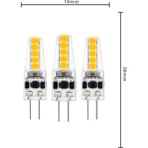 Drei G4 LED Leuchtmittel, 1,8 W, warmweiß, für Wohnbereiche. Kompakte Bauform, 10 mm Durchmesser.