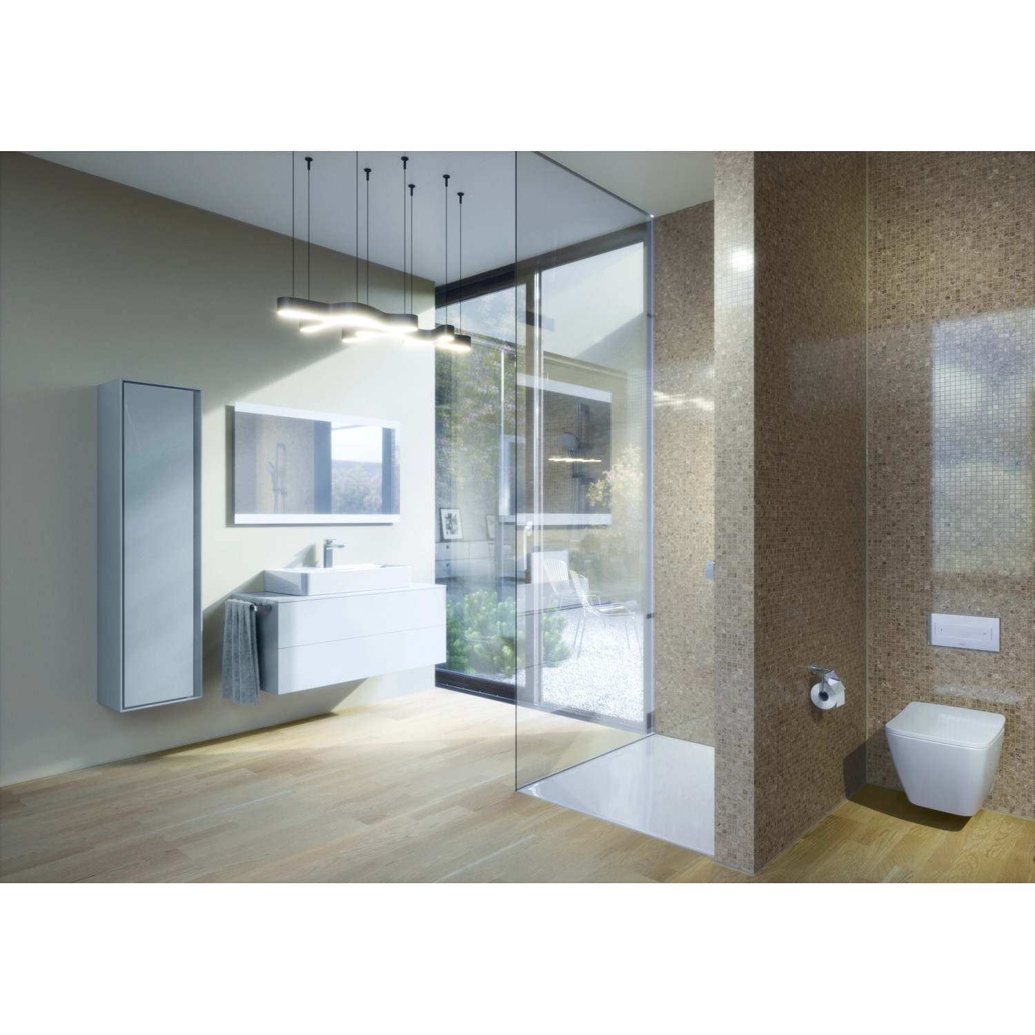 Modernes Badezimmer mit weißem Ideal Standard Connect Air Hochschrank (30 cm) und weiteren Badmöbeln.