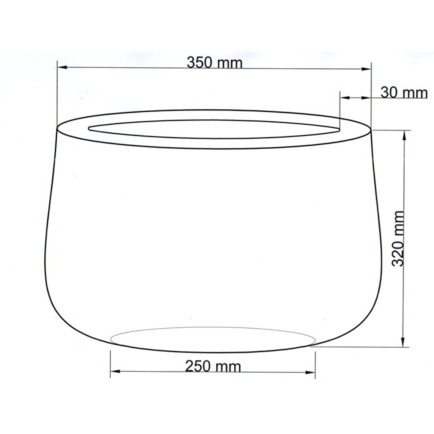 Skizze Pflanzkübel Elegant Einrichten, rund-konisch, D35xH32cm, Maße und Form dargestellt.