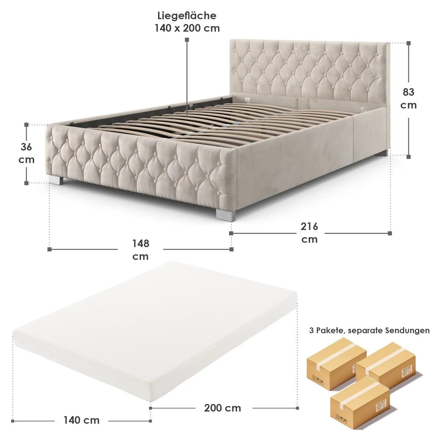 Juskys Polsterbett Nizza 140 x 200 cm mit Matratze in Beige_10