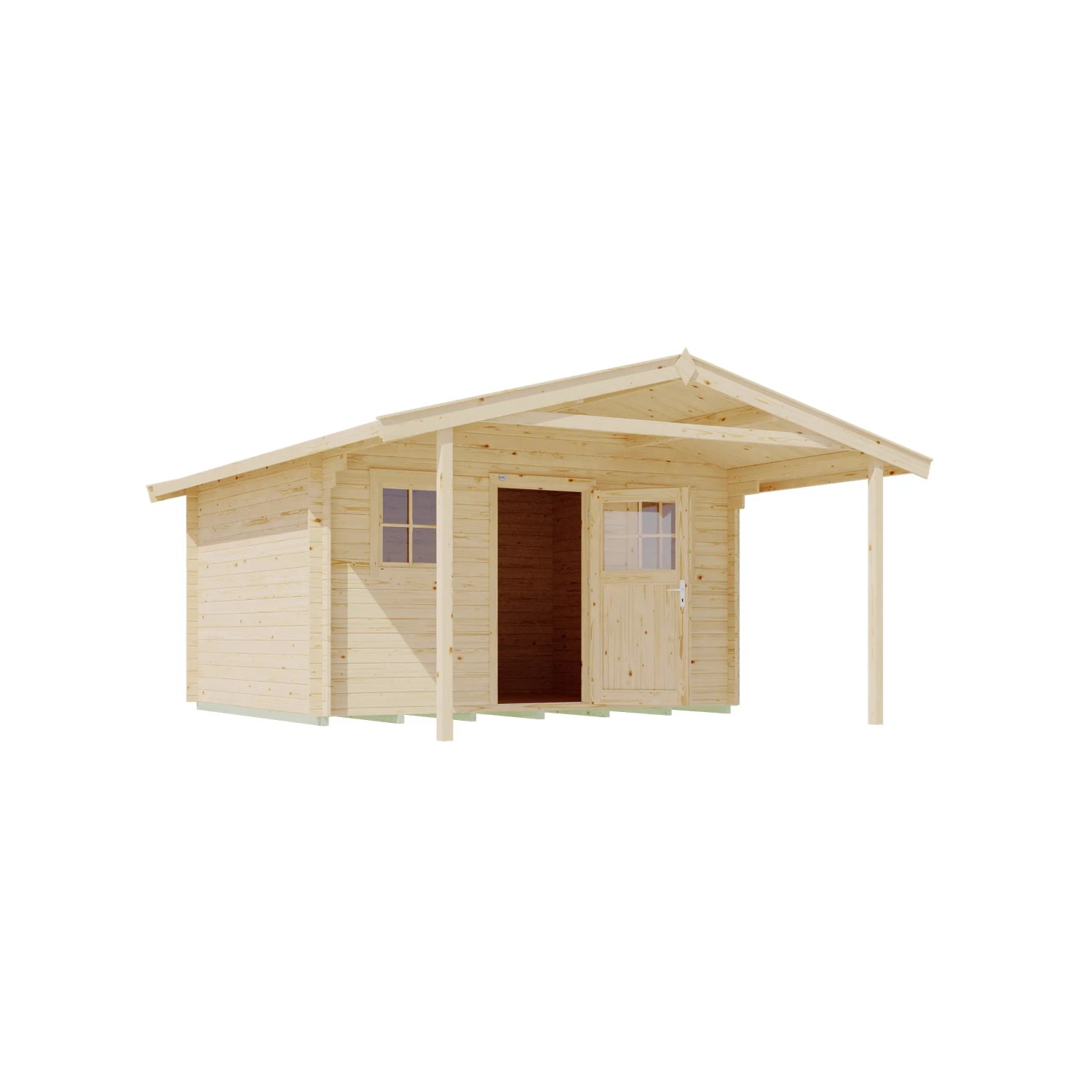 Unbehandeltes Weka Holz-Gartenhaus mit Satteldach und überdachter Fläche. Ideal als Gerätehaus oder Freizeithaus.
