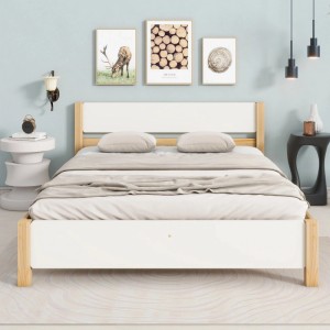okwish Holzbett 140x200 mit Kopfteil, Lattenrost, weiß/natur, im Schlafzimmer.