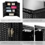 Schwarzer Tectake Gartenschrank Monza aus Rattan mit Glasplatte und Fächern.