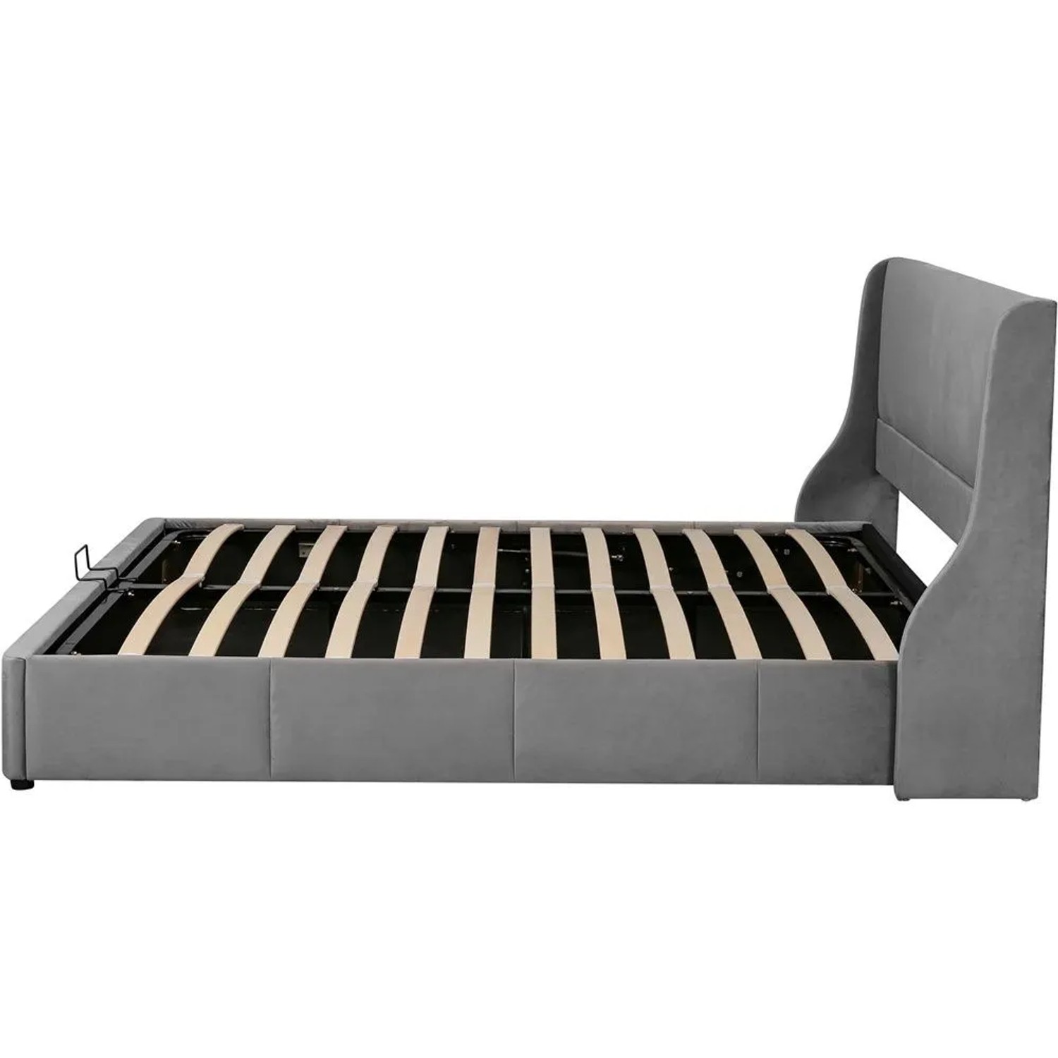 KOMHTOM Hydraulisch Gepolstertes Doppelbett 160 x 200 Cm Mit Kopfteilkissen  Flügelförmig  Funktional  Samt  Grau