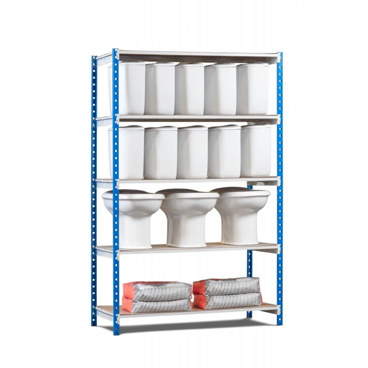 PROREGAL Fachbodenregal Maximus Pro mit fünf Ebenen, blau-grau, beladen mit Sanitärobjekten und Zementsäcken.