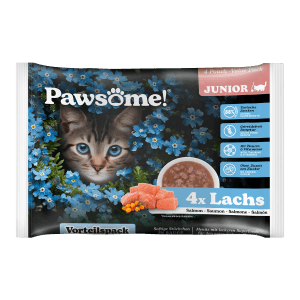 Pawsome Katzen-Nassfutter Junior Lachs, 4er Pack. Nassfutter mit Lachs für junge Katzen.