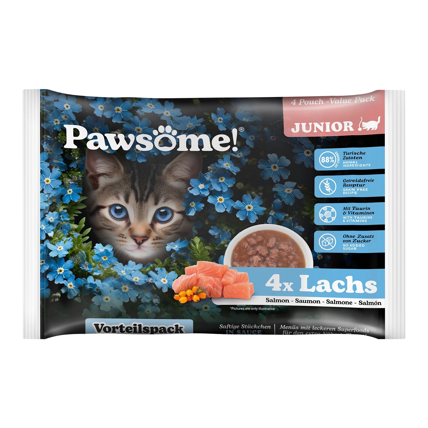 Pawsome Katzen-Nassfutter Junior Lachs 85 g 4er Flowpack