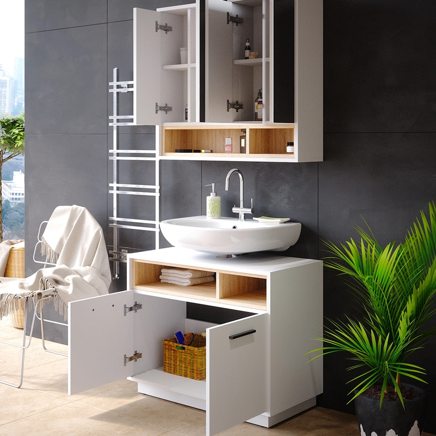 Vicco Badmöbel-Set Beatrice, 2-teilig, weiß/Sonoma mit Spiegelschrank und Waschbeckenunterschrank.