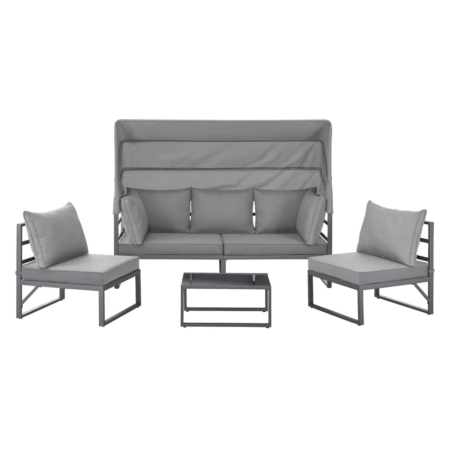 Svita Maui Gartenmöbel Lounge Set mit Dach, hellgraues Outdoor Sofa, 2 Sessel und Tisch.