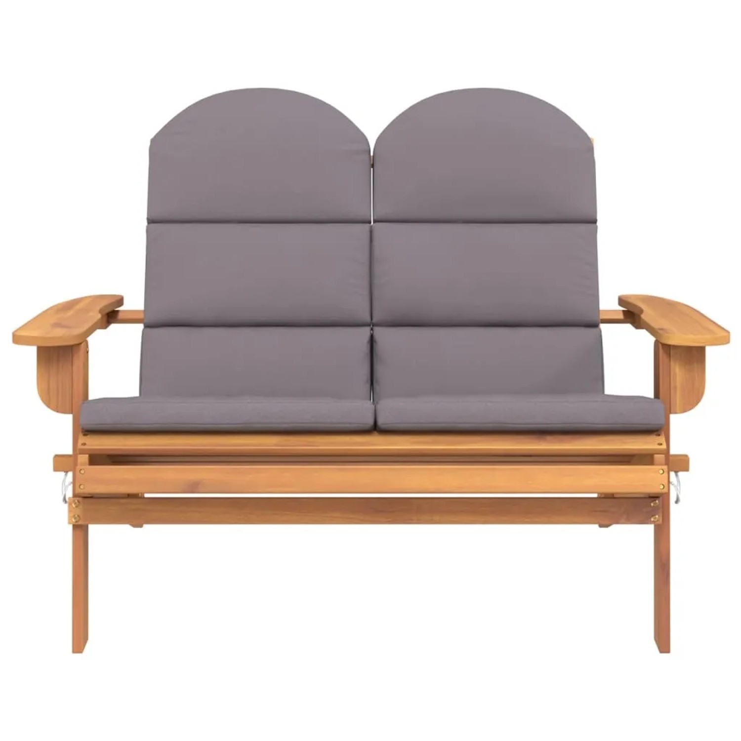 Adirondack Gartenbank aus Akazienholz mit grauen Kissen für 2 Personen.