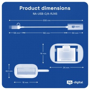 Abbildung der Produktabmessungen des hb-digital USB-C auf Ethernet Adapters mit USB 3.0.