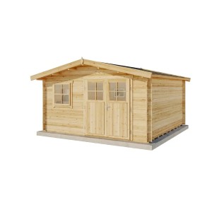 Gartenhaus Valeria-28 aus Holz, 428x427 cm, mit Doppeltür und Fenster, naturbelassen.