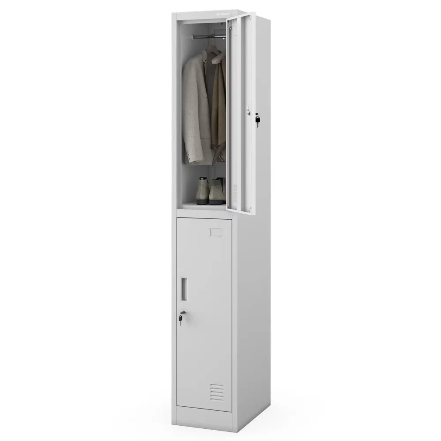JAN NOWAK Umkleideschrank Spind IGOR 2 Abteile Etikettenhalter Lüftungsschlitze Umkleidespind Schließfachschrank 185x31,7x45cm Grau