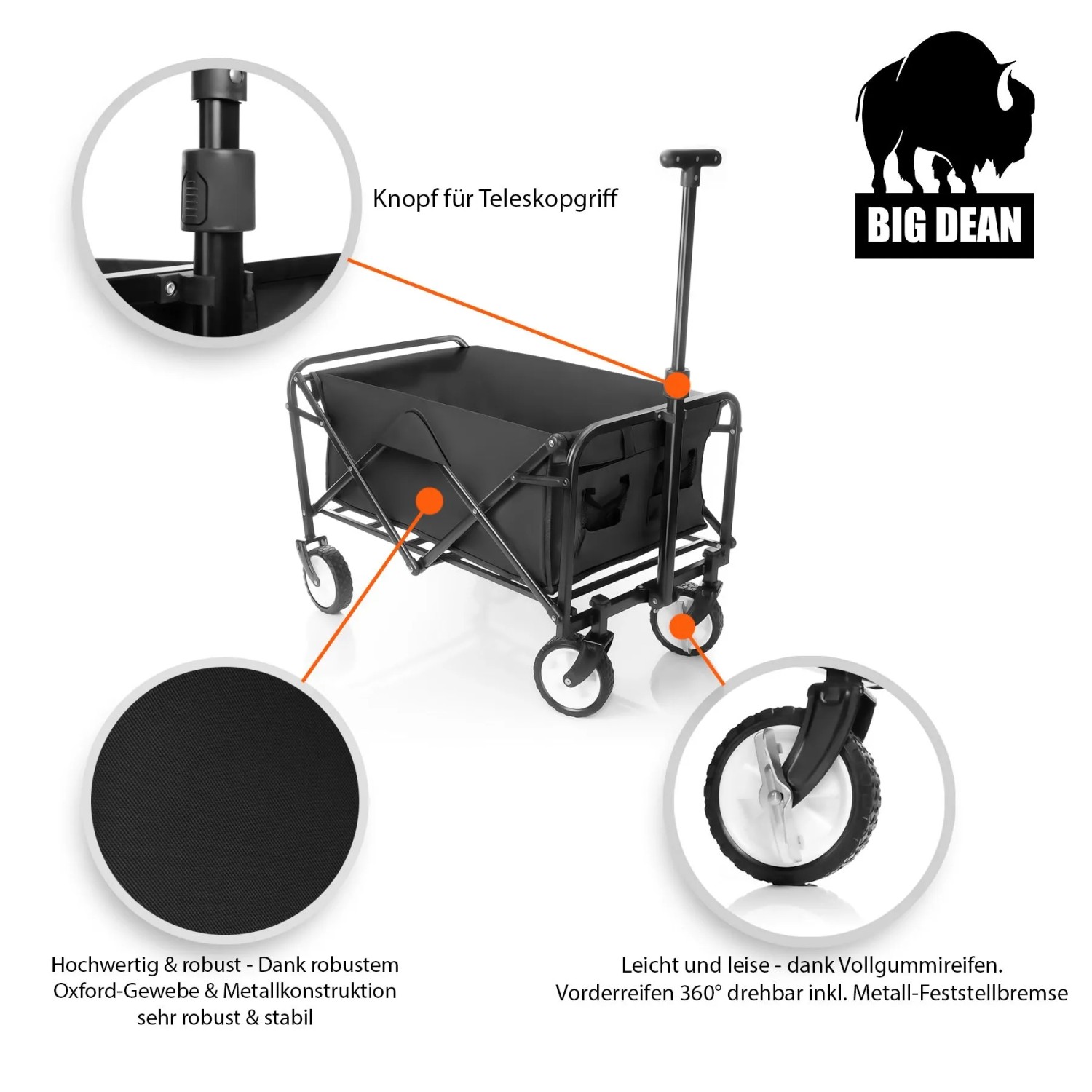 Schwarzer, faltbarer Bollerwagen von BigDean für Camping, Ausflüge und Einkäufe. Kompakt und bis 80 kg belastbar.