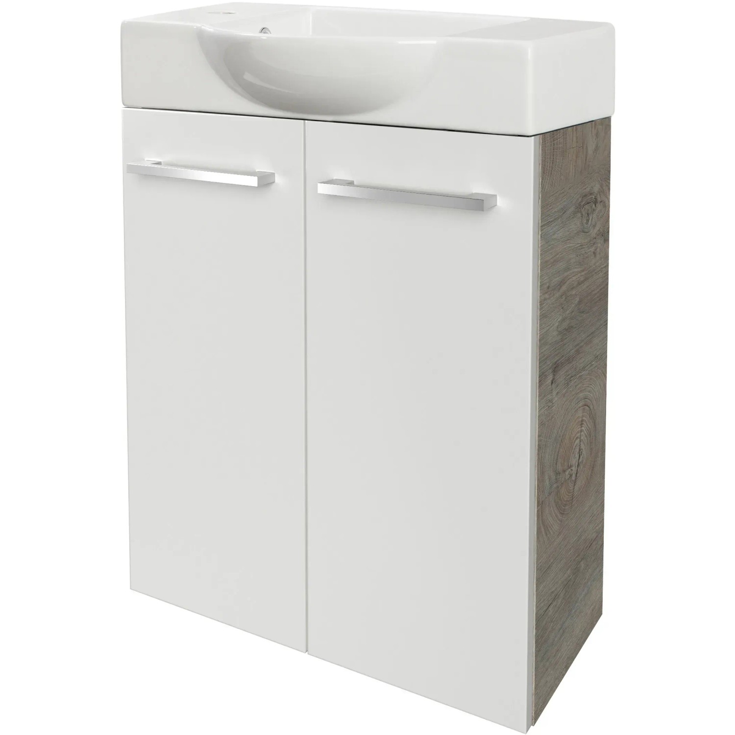 Fackelmann Waschbeckenunterschrank SBC Eiche Natur, 52 cm breit, mit weißen Fronten und zwei Türen.