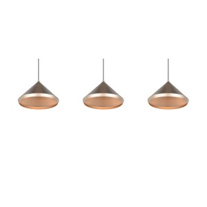 Drei konische LED-Pendelleuchten Laguna in Coffee-Braun mit kupferfarbener Innenseite aus Metall.