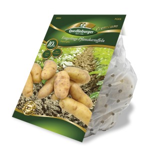 Quedlinburger Pflanzkartoffeln 'Asparges' im Sack, länglich-oval, gelbschalig und festkochend.
