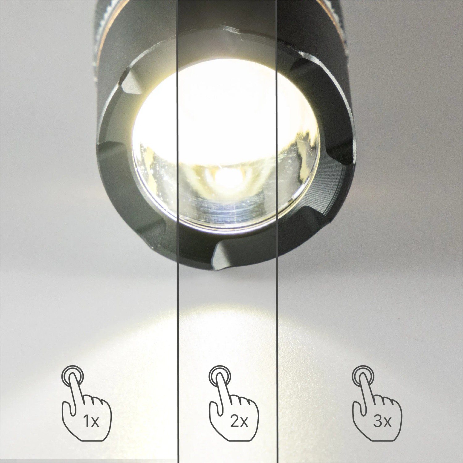 LED Akku-Taschenlampe mit Zoomfunktion und verschiedenen Helligkeitsstufen.